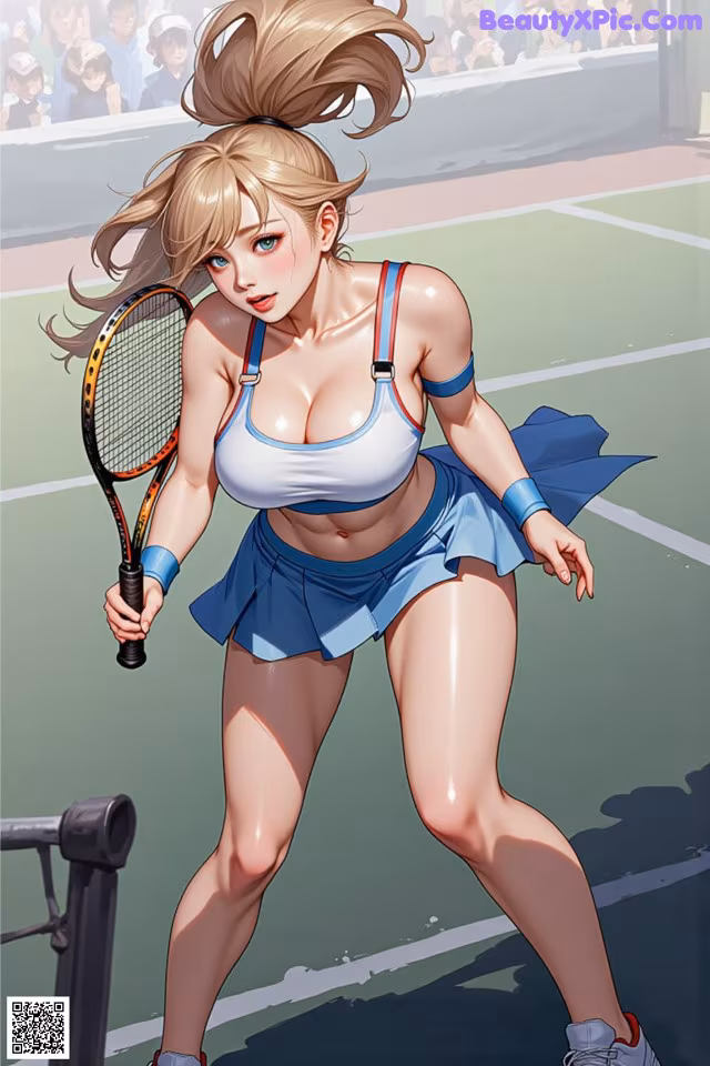 A woman holding a tennis racquet on a tennis court.