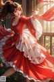 A woman in a red and white dress is dancing.