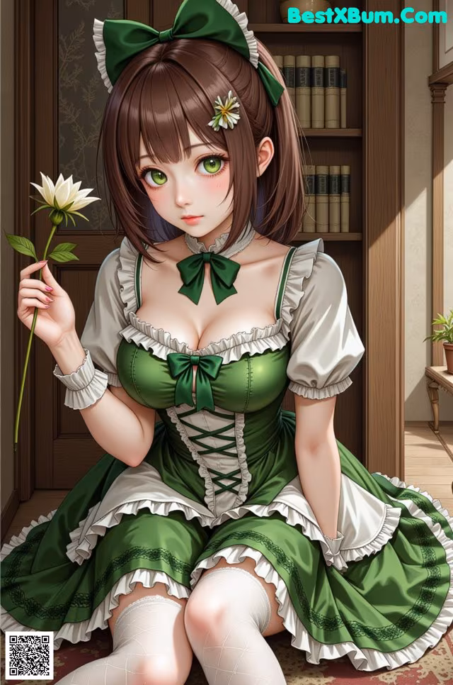 A woman in a green dress holding a white flower.