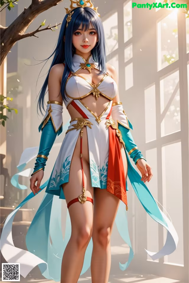 A woman in a white and blue outfit with a crown on her head.