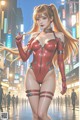 A woman in a red bodysuit standing in the middle of a city.