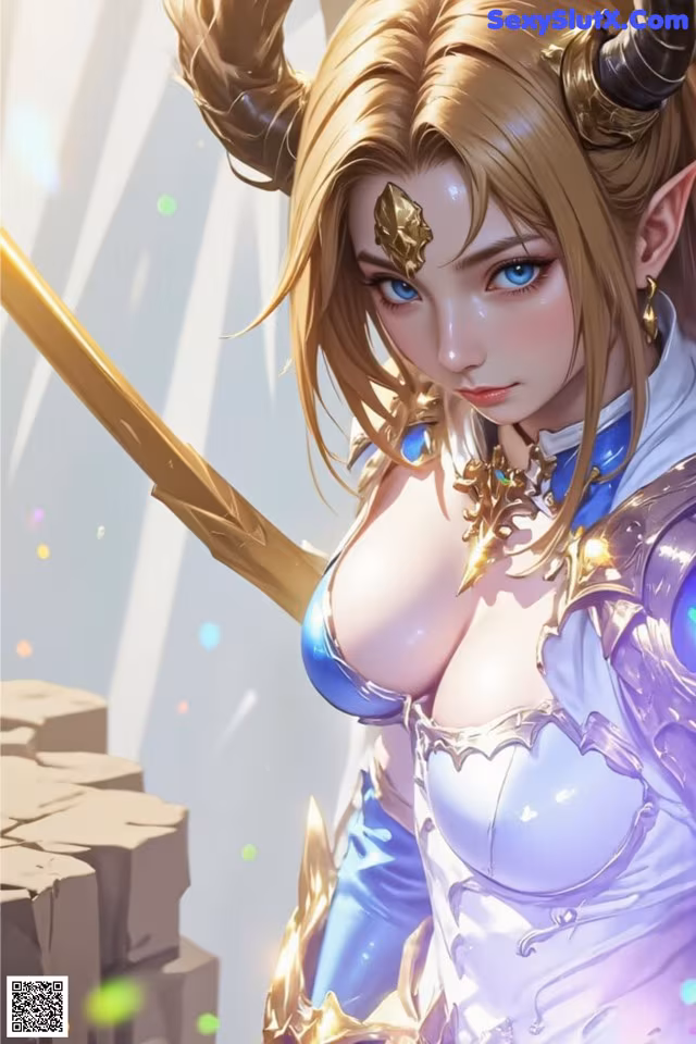 A woman with horns holding a sword in her hand.
