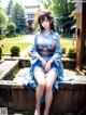 A woman in a blue kimono sitting on a stone wall.