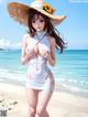 A woman in a white bathing suit and a straw hat on the beach.