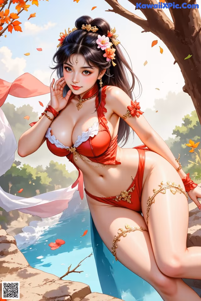 A woman in a red bikini sitting on a rock by the water.