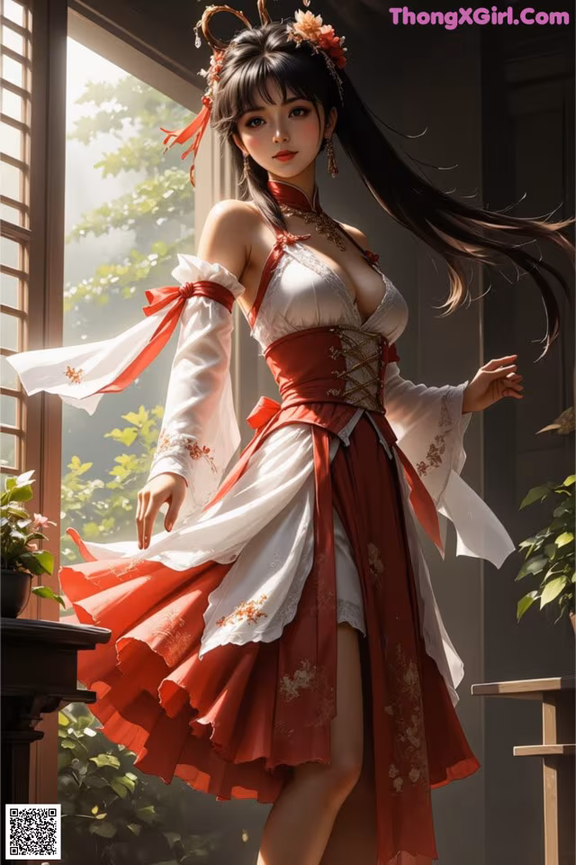 A woman in a red and white dress standing in front of a window.