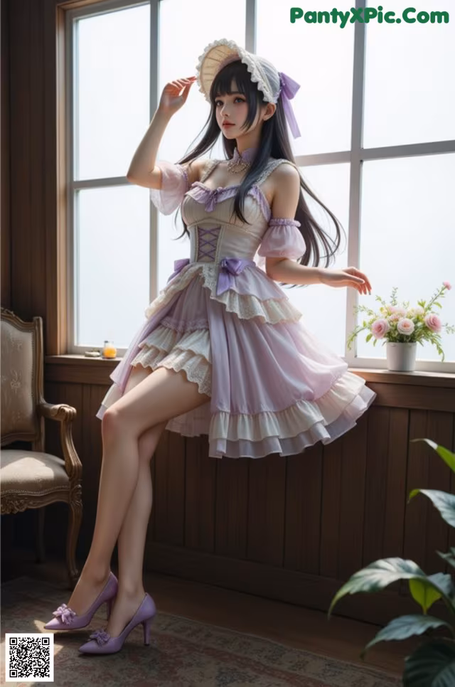 A woman in a dress and hat posing by a window.