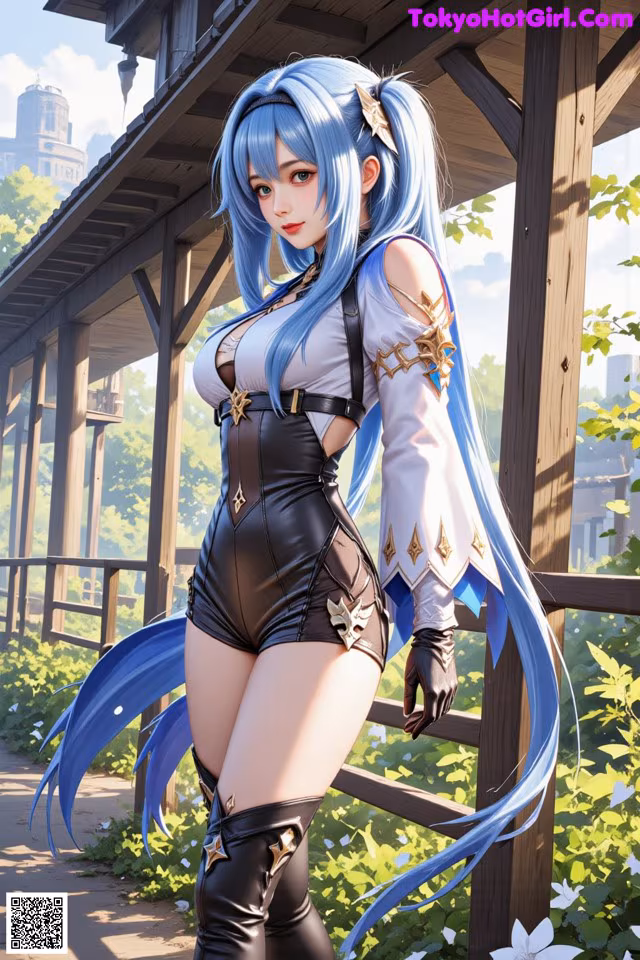 A woman with long blue hair standing in front of a building.