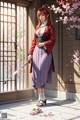 A woman in traditional attire holds a sword near a window with cherry blossoms.