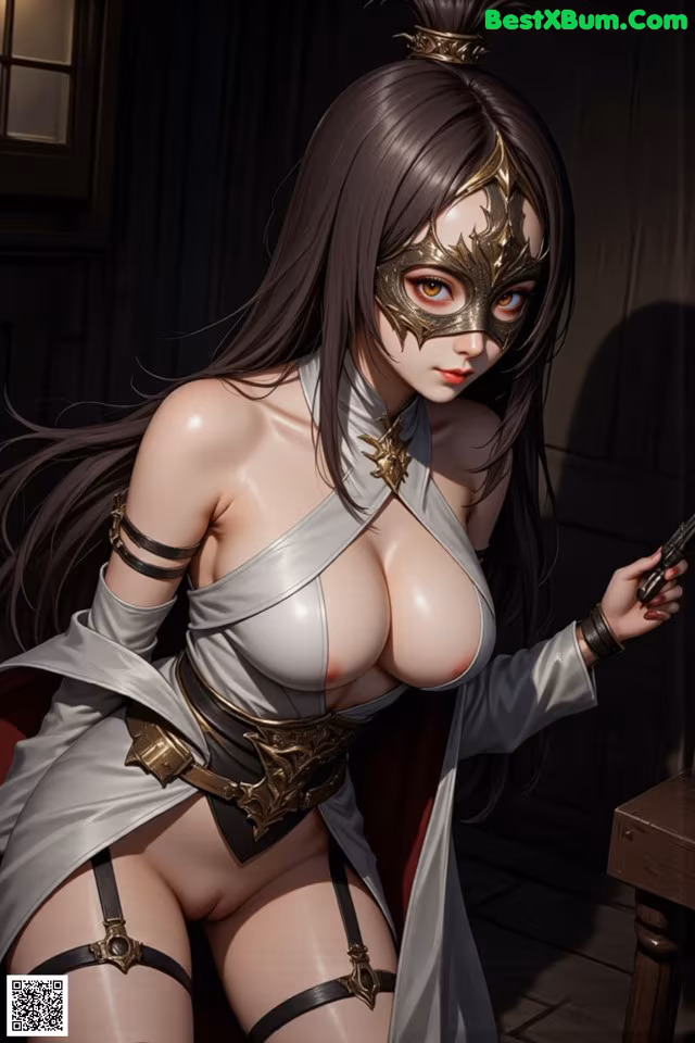 A woman in a mask holding a gun.