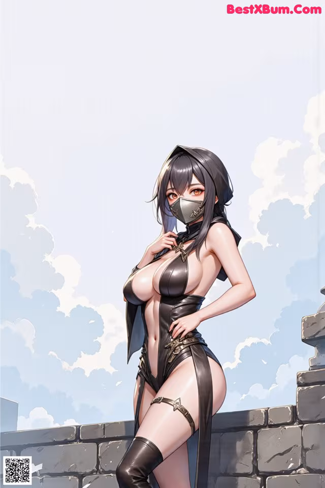 A woman wearing a mask standing on top of a wall.