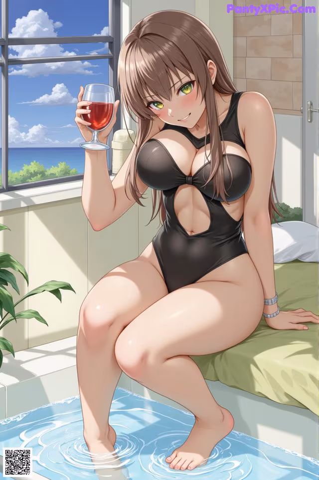 A woman in a black bathing suit holding a glass of wine.